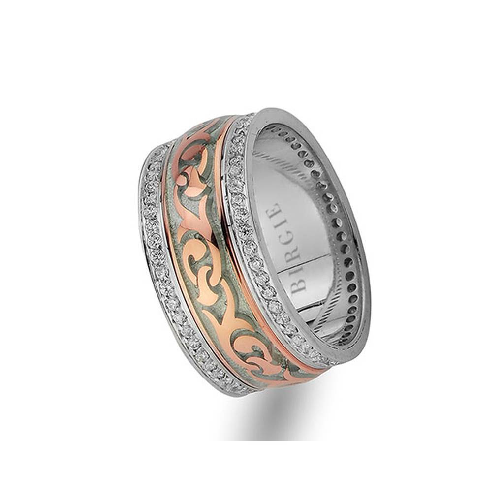 Alliance en or rose et blanc à motif floral avec diamants Twin Line