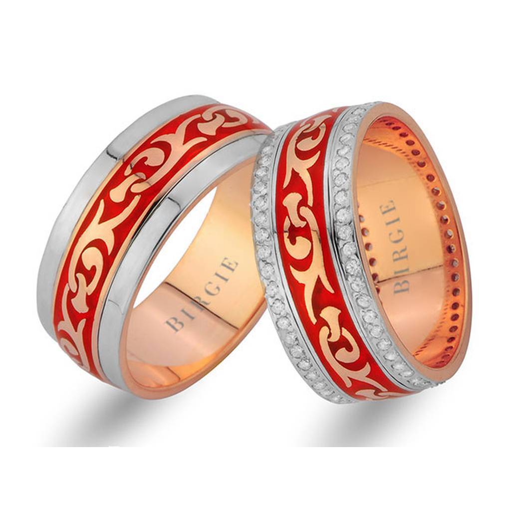 Alliance en or rose et blanc à motif floral avec diamants Twin Line