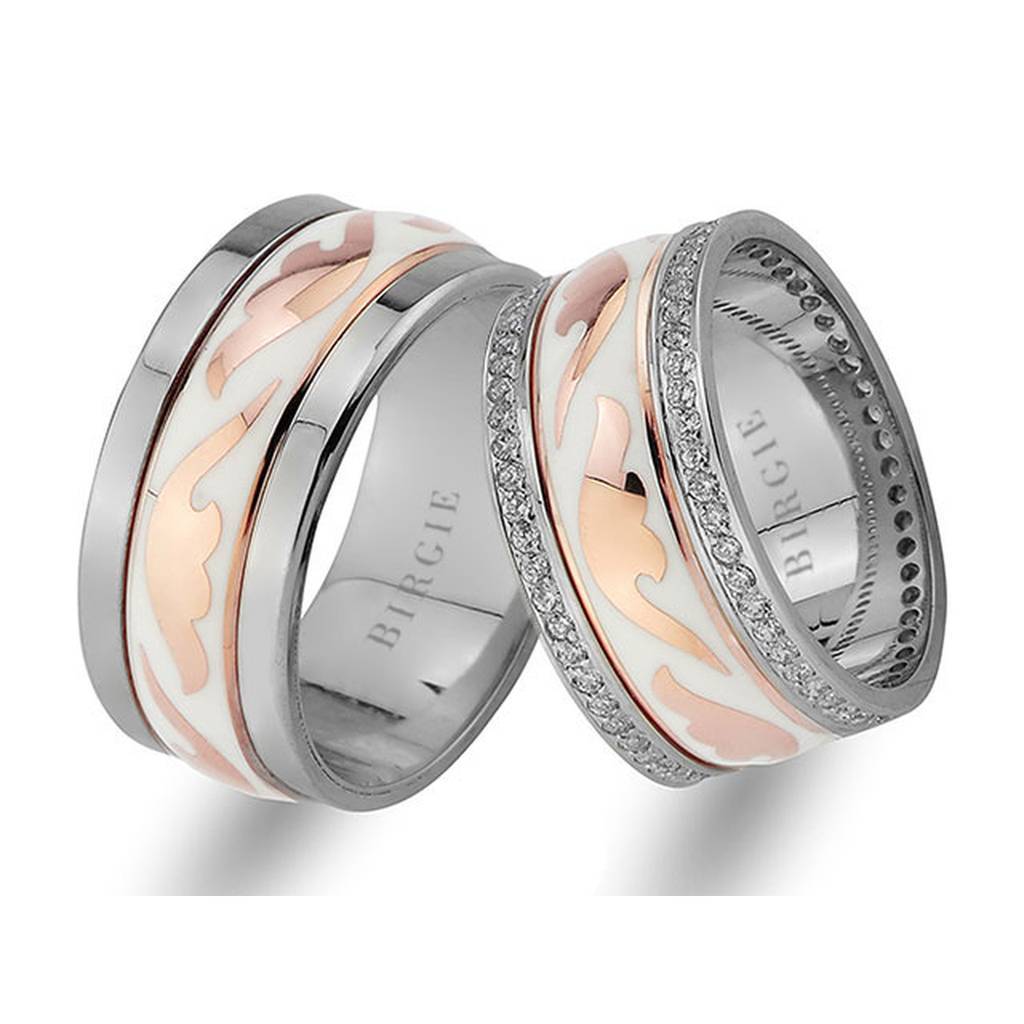 Alliance au design élégant en or blanc et rose avec diamants Twin Line