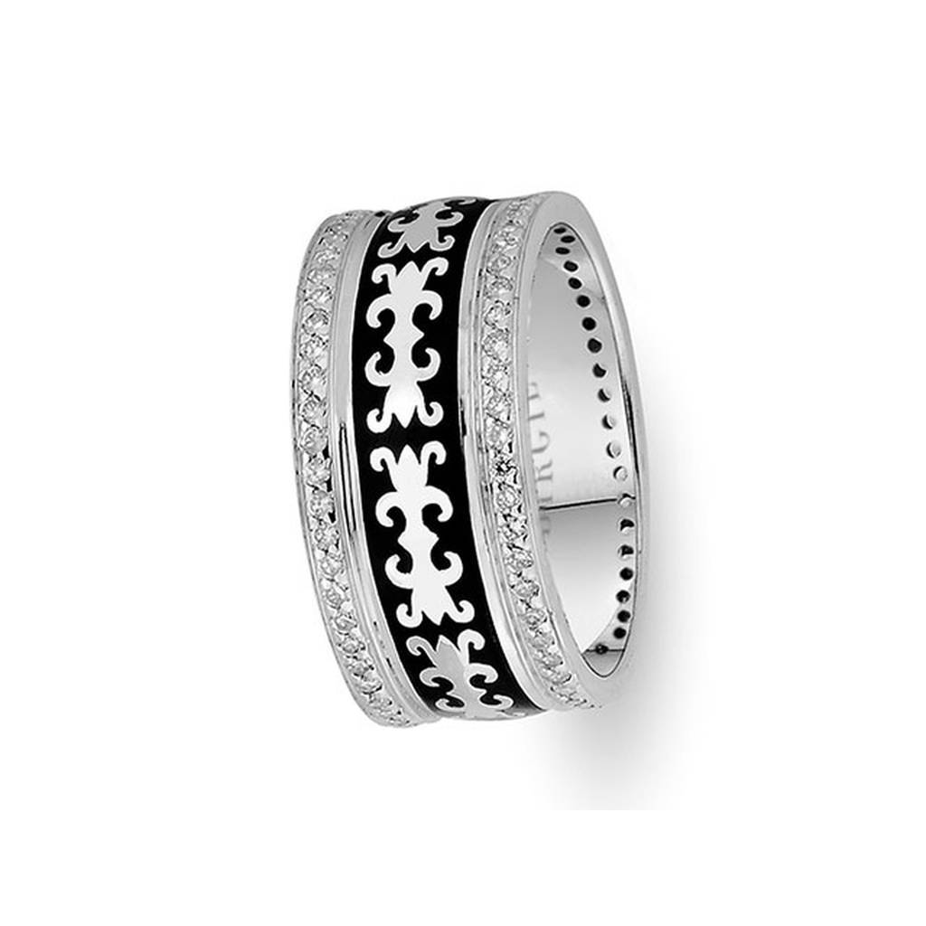Byzantine Design White Gold Wedding Band w/Twin Line Diamonds