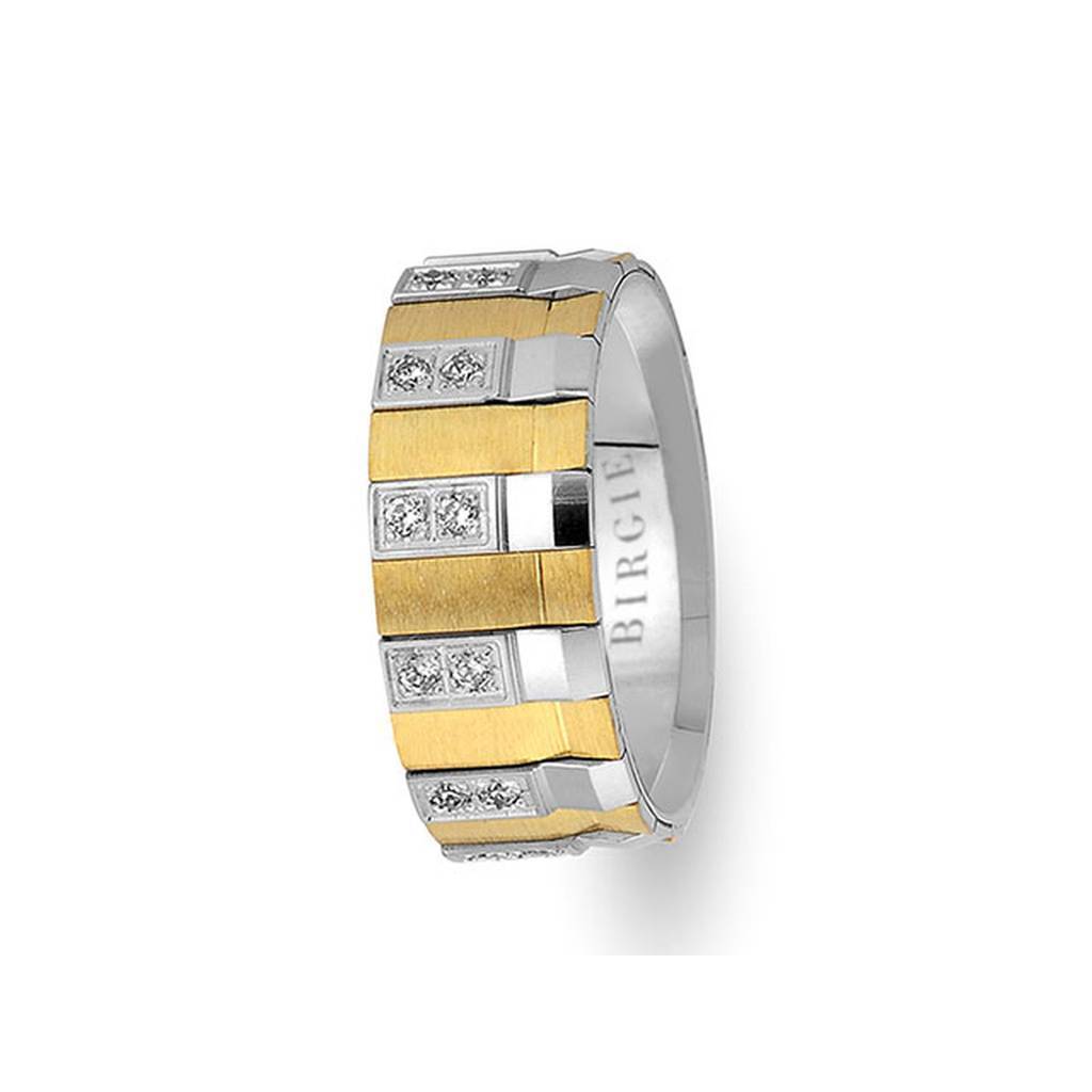 Alliance en or blanc et jaune à motif géométrique avec diamants