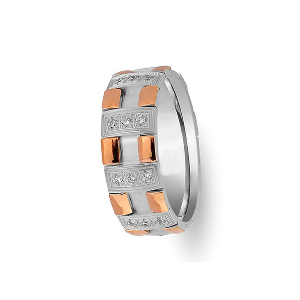 Alliance à carreaux en or rose et blanc au design moderne avec diamants