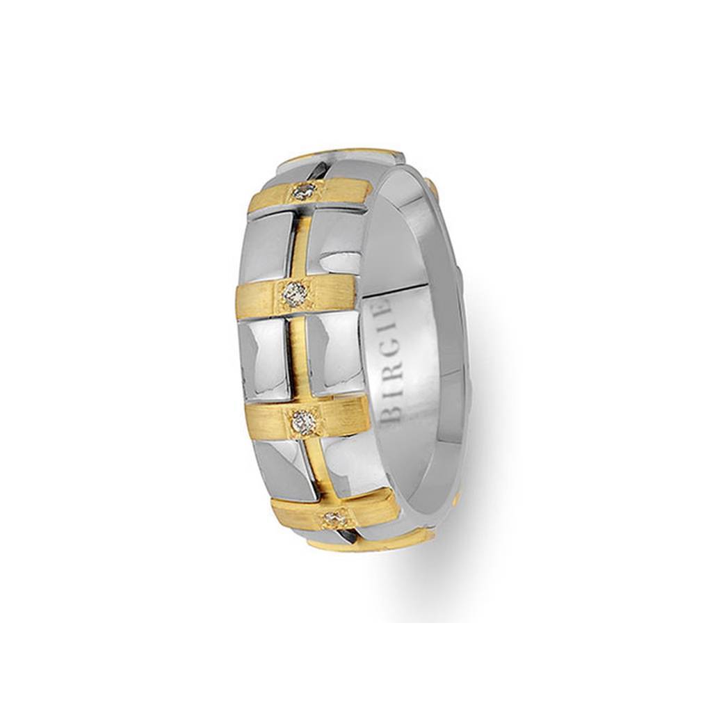 Alliance canonique en or jaune et blanc poncé avec diamants