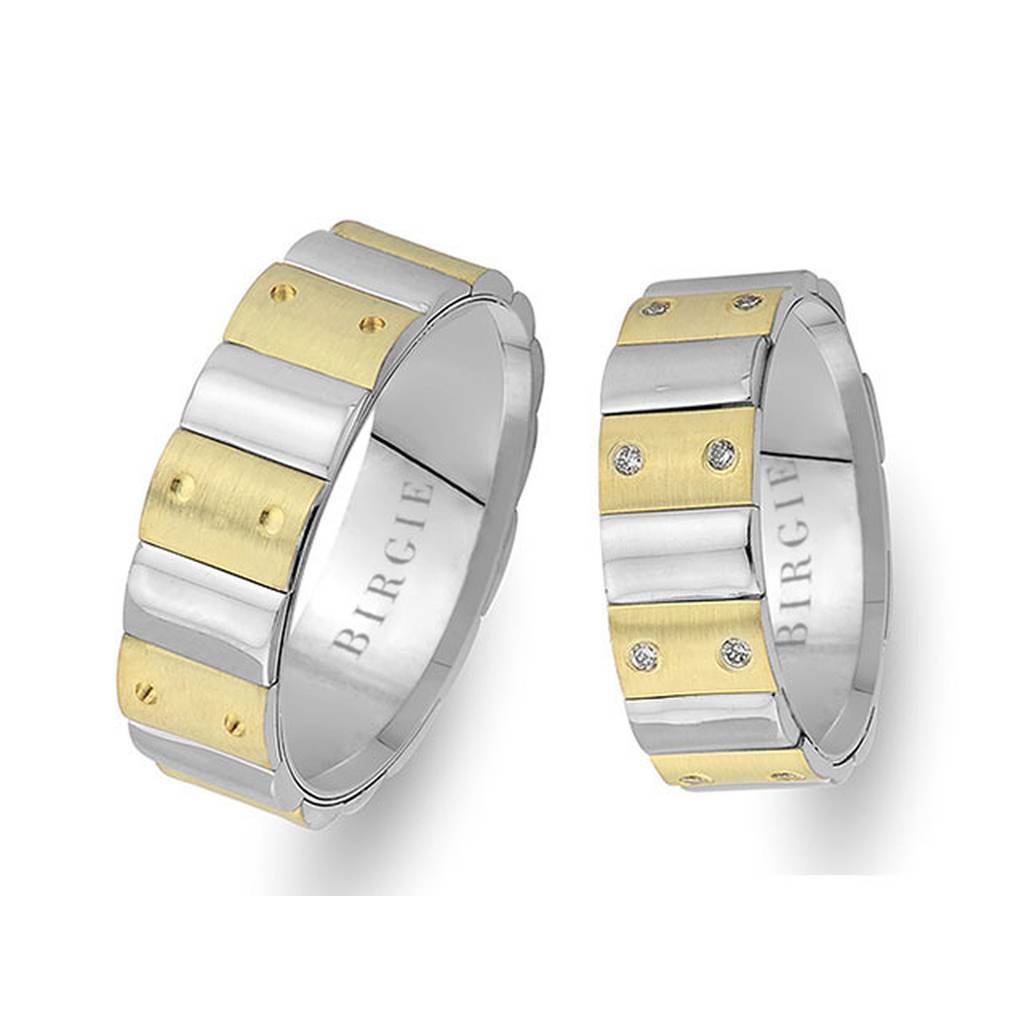 Alliance Harran en or blanc et jaune poncé avec diamants