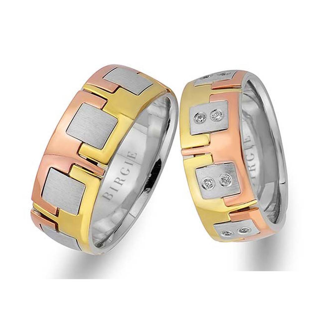 Alliance Stella en or rose, blanc et jaune avec diamants