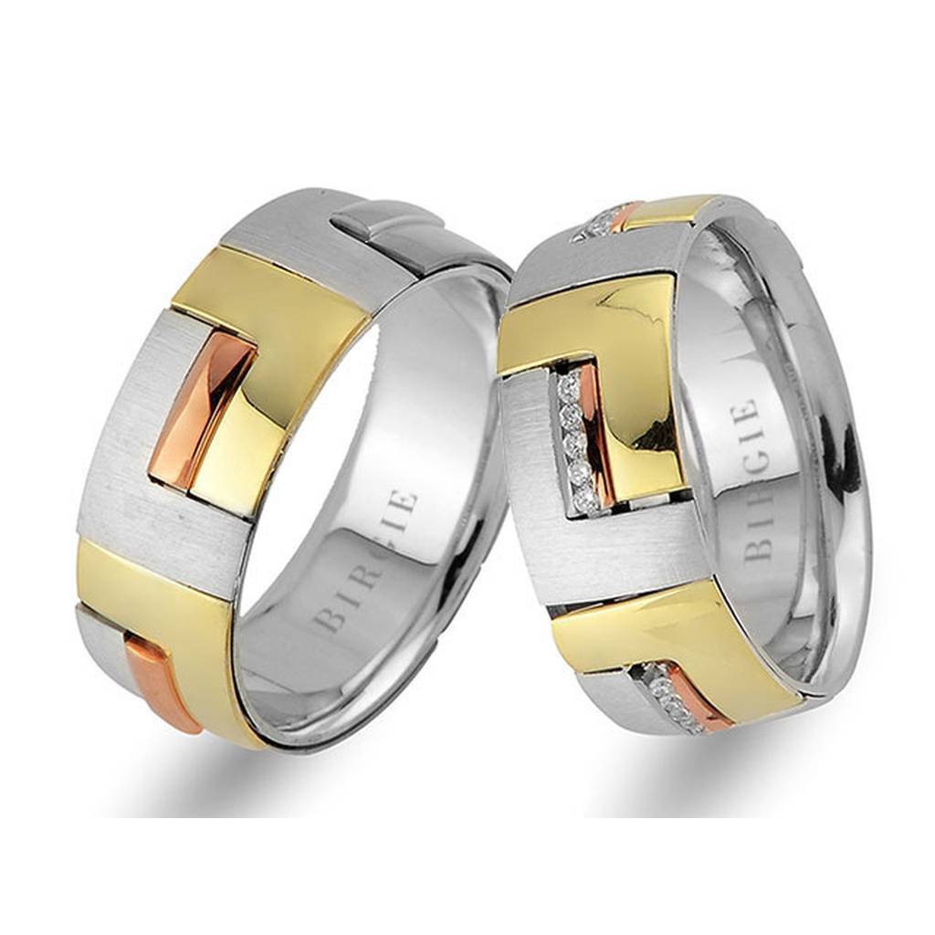 Alliance moderne en or rose, blanc et jaune avec diamants