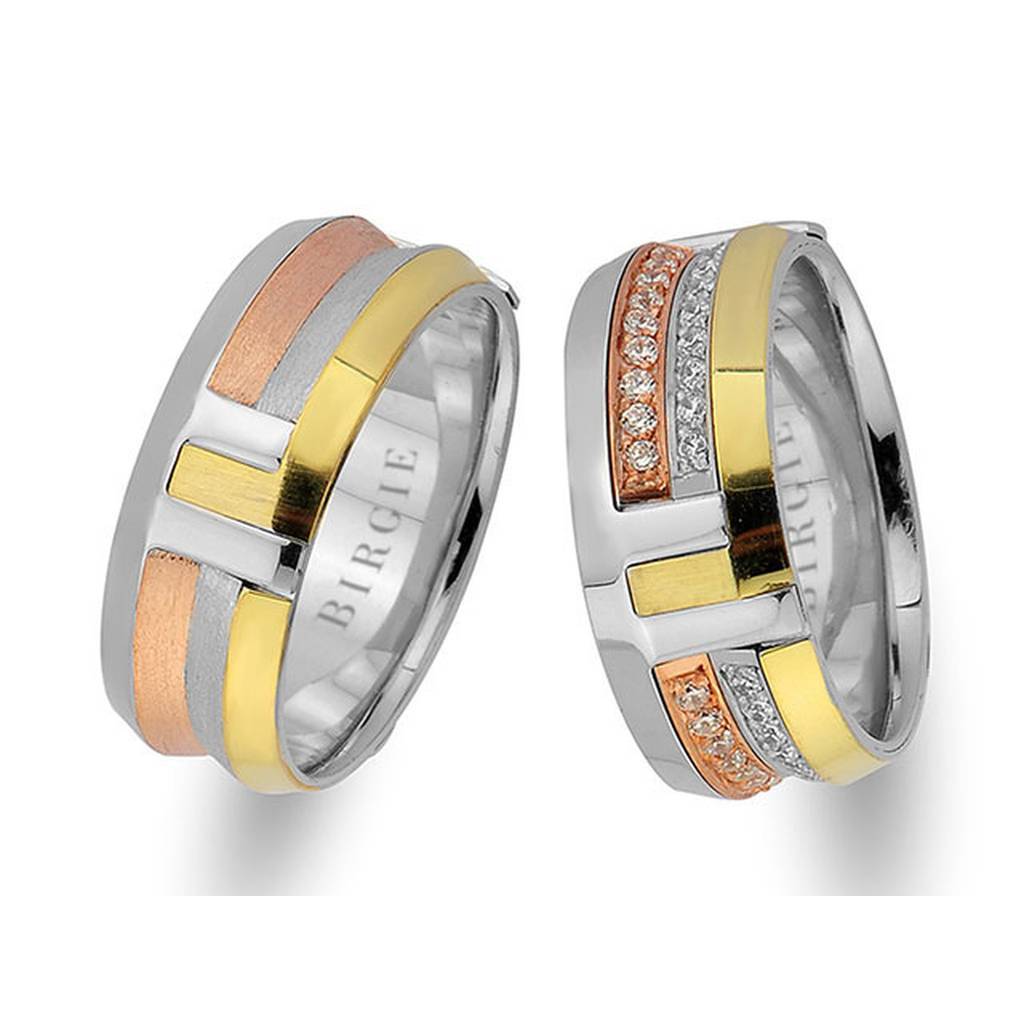 Alliance Arran en or rose, blanc et jaune avec diamants