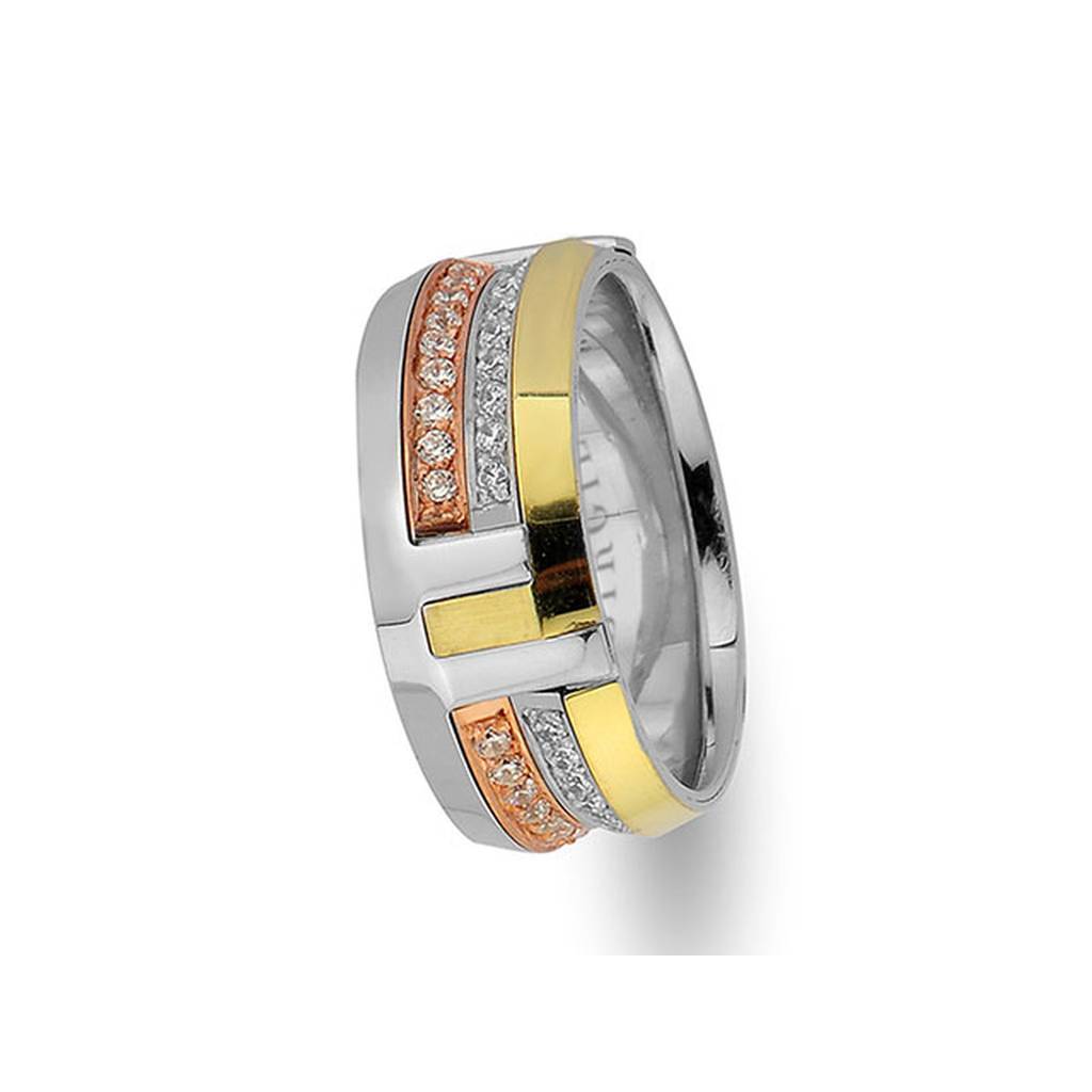 Alliance Arran en or rose, blanc et jaune avec diamants