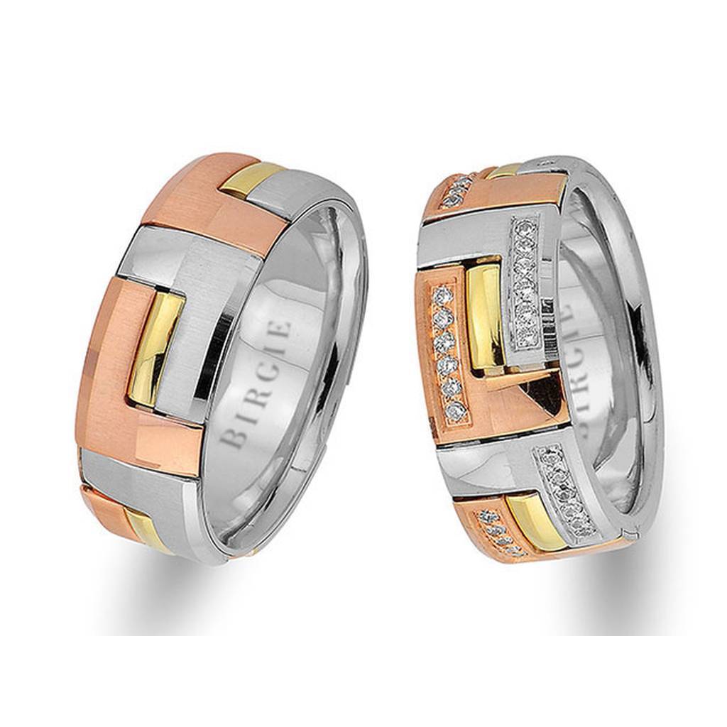 Alliance élégante en or rose, blanc et jaune avec diamants Twin Line