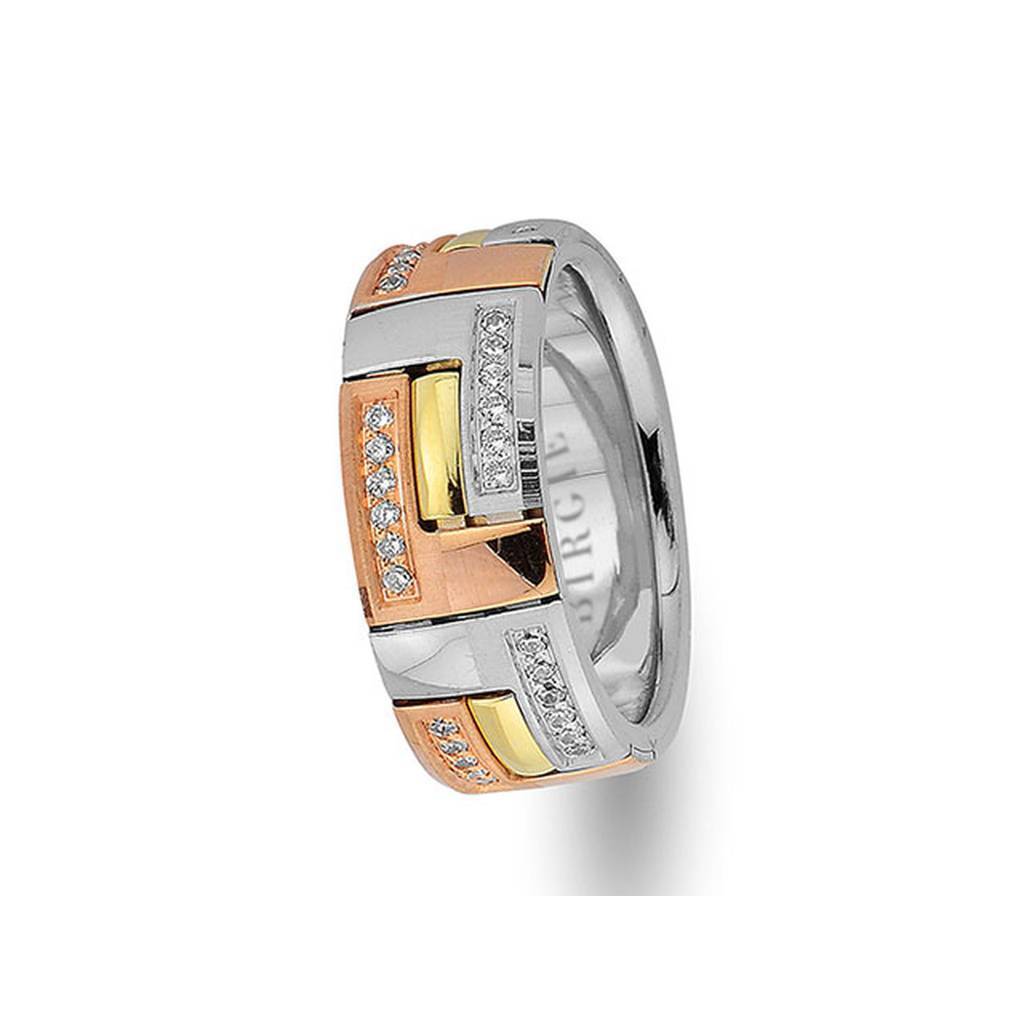 Alliance élégante en or rose, blanc et jaune avec diamants Twin Line