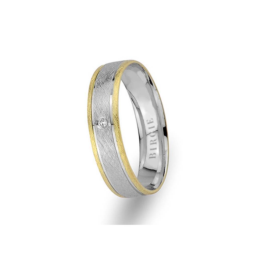 Alliance classique mate en or blanc et jaune avec diamant unique