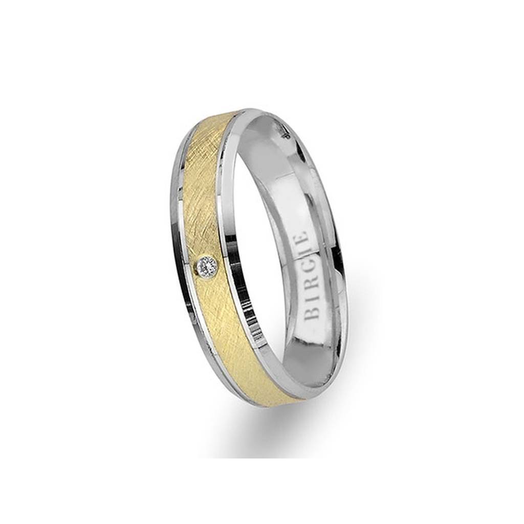 Alliance classique mate en or blanc et jaune avec diamant unique