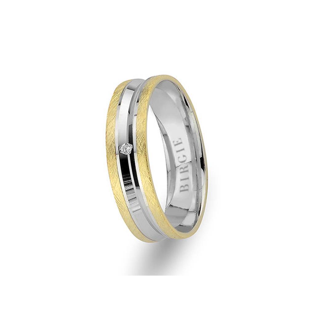 Alliance rainurée classique mate en or blanc et jaune avec diamant unique