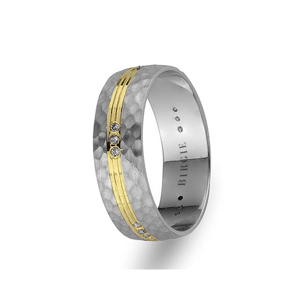 Alliance en or blanc et jaune avec diamants et motif miroir