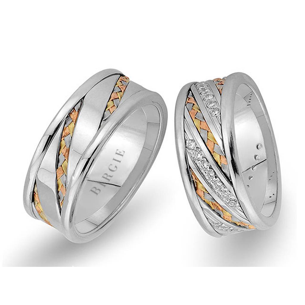 Alliance tressée en or blanc et jaune, 3 couleurs, avec diamants