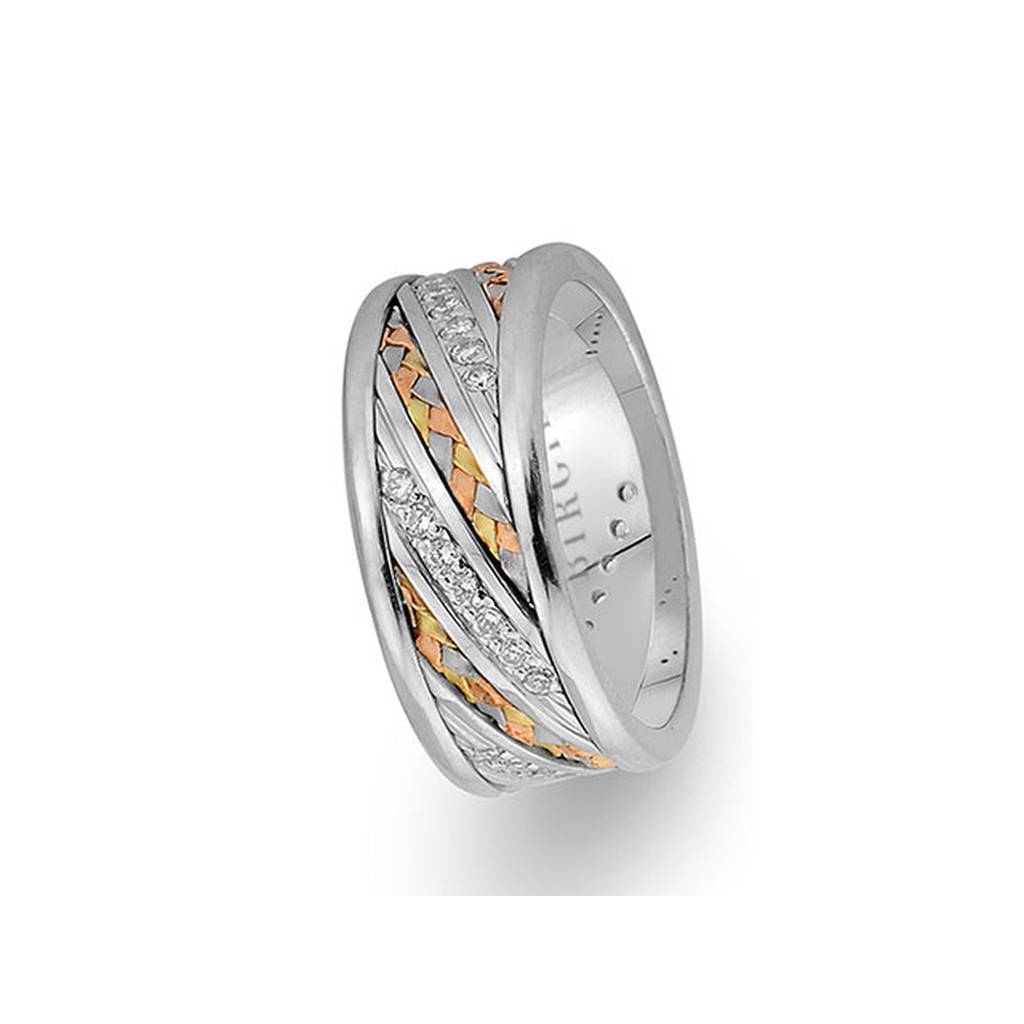 Alliance tressée en or blanc et jaune, 3 couleurs, avec diamants