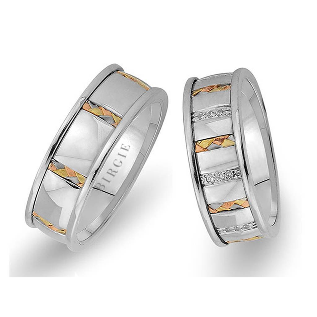 Alliance tressée en or blanc 3 couleurs avec diamants