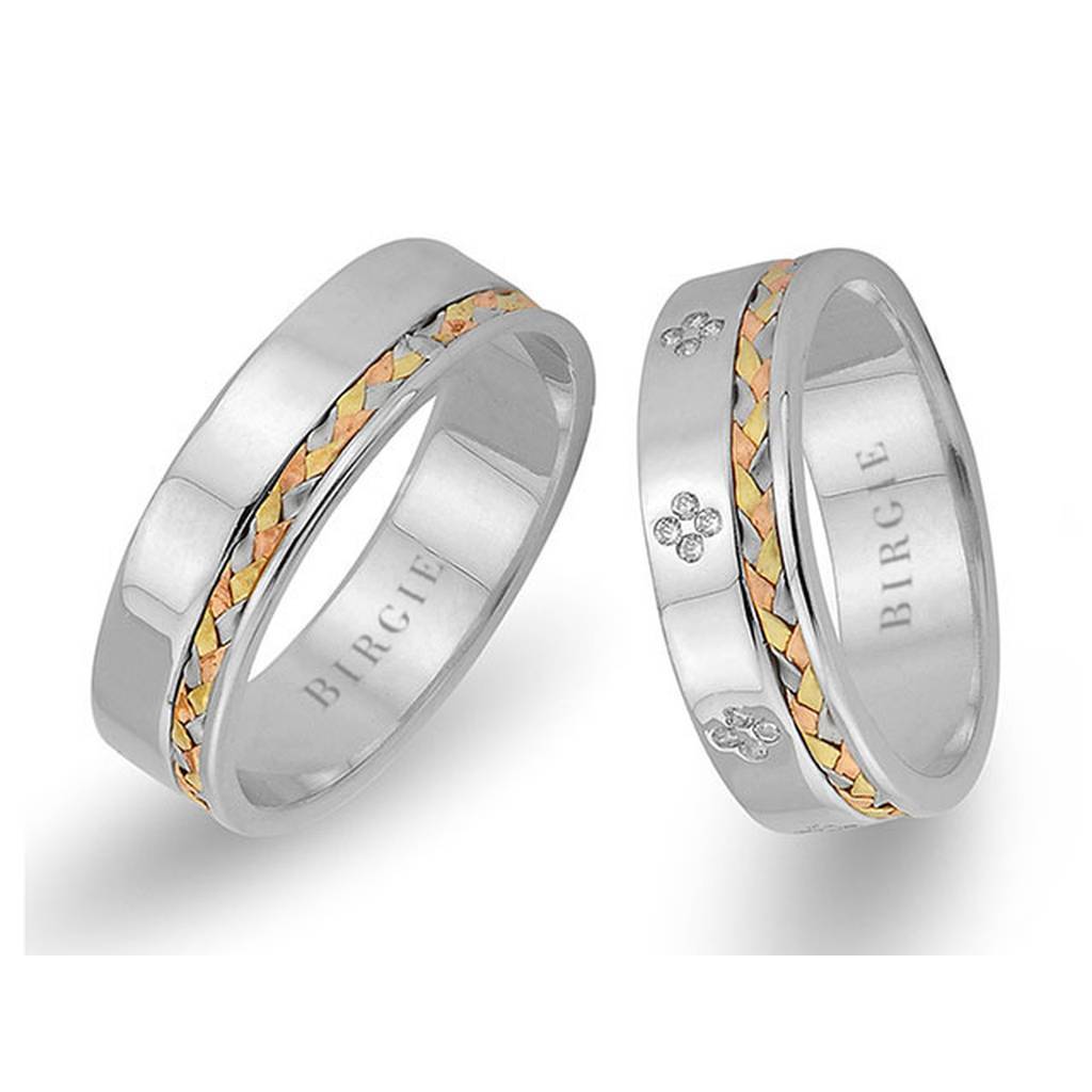 Alliance tressée en or blanc 3 couleurs avec diamants