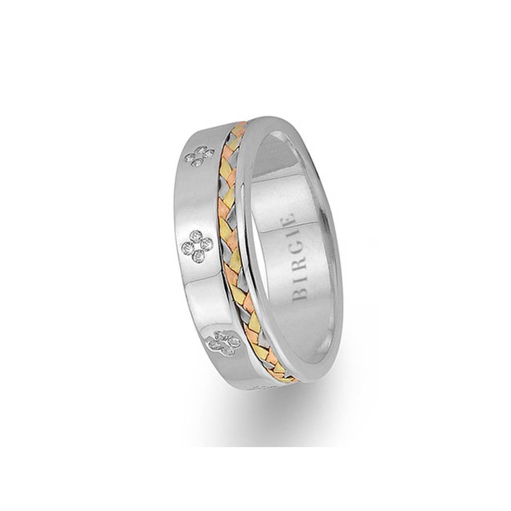 Alliance tressée en or blanc 3 couleurs avec diamants