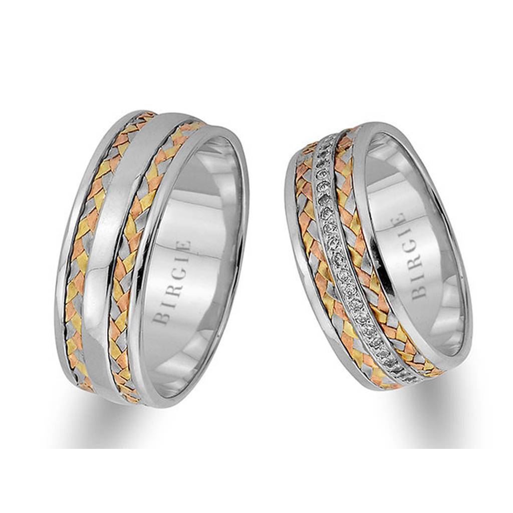 Alliance tressée en or blanc 3 couleurs avec diamants