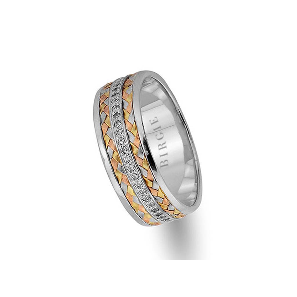Alliance tressée en or blanc 3 couleurs avec diamants