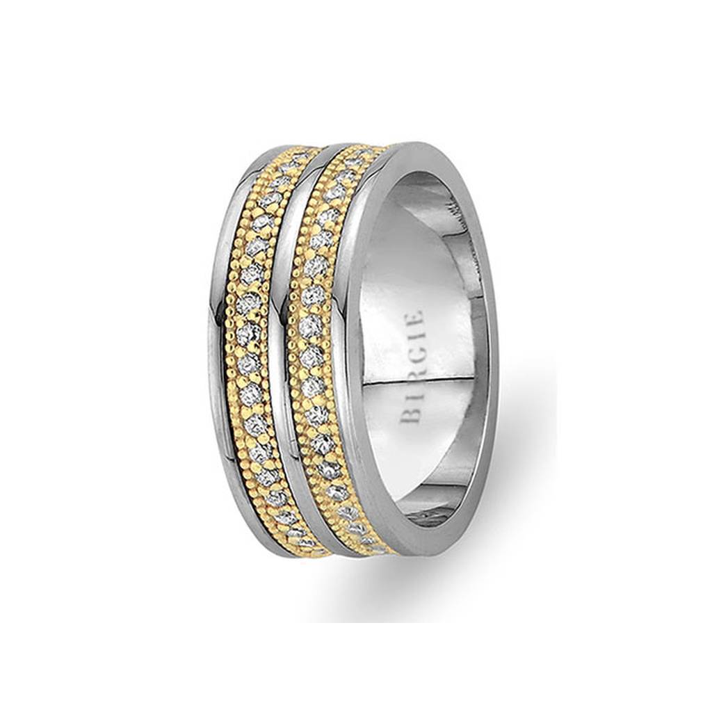 White and Yellow Gold Wedding Band w/Twin Line Diamonds