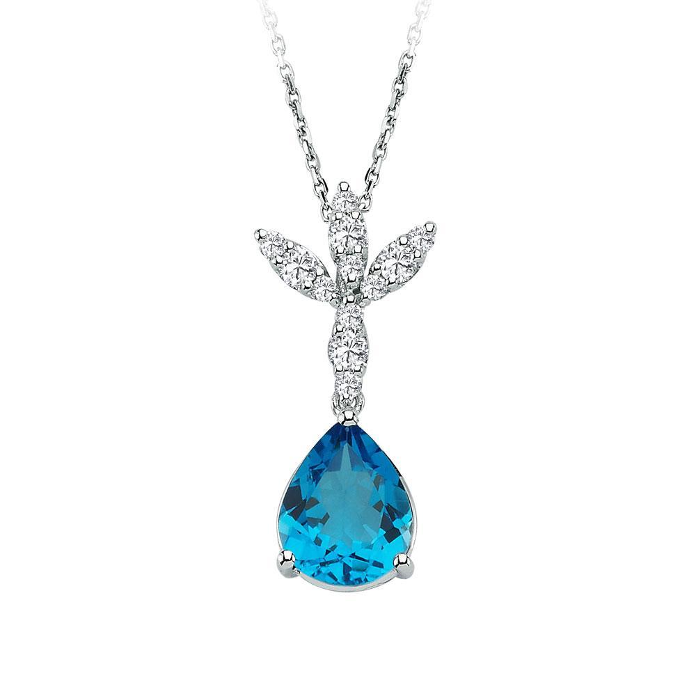 Diamond and Drop Blue Topaz 3 Leaves Necklace